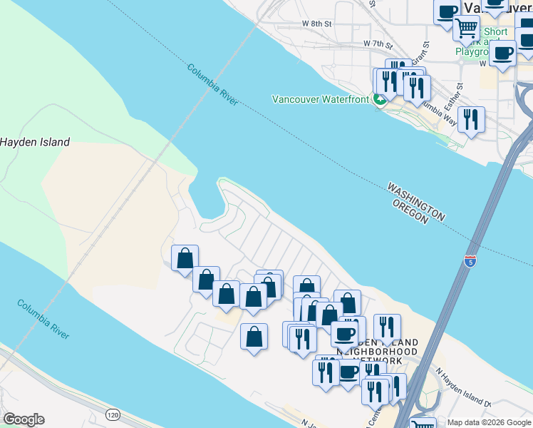 map of restaurants, bars, coffee shops, grocery stores, and more near 2201 North Menzies Drive in Portland
