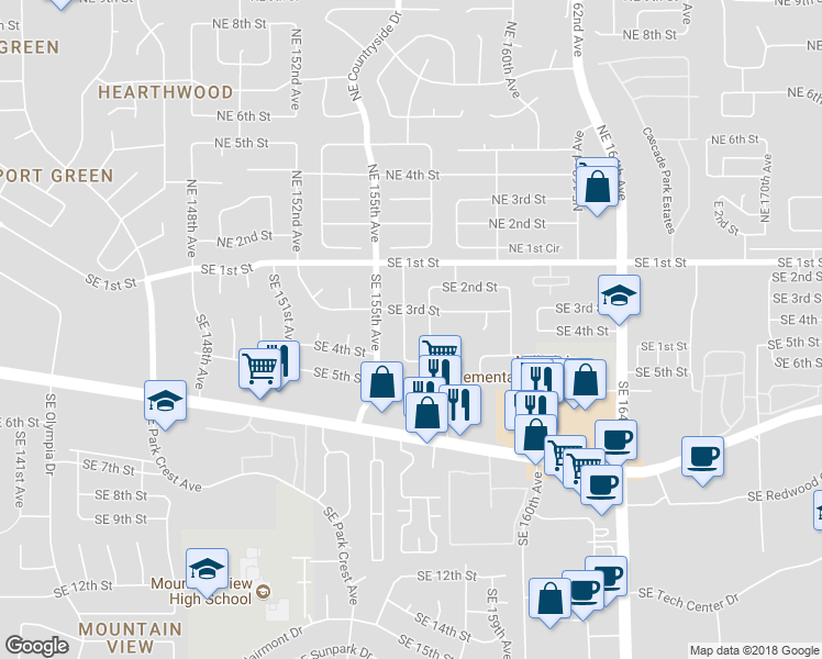 map of restaurants, bars, coffee shops, grocery stores, and more near 307 Southeast 156th Avenue in Vancouver