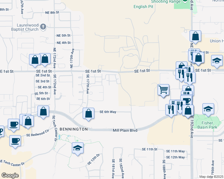 map of restaurants, bars, coffee shops, grocery stores, and more near 18001 Southeast 1st Street in Vancouver