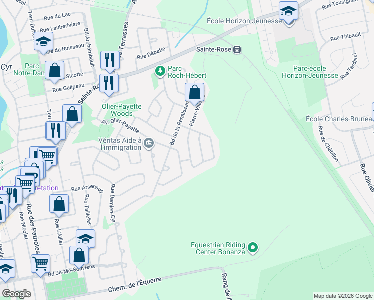 map of restaurants, bars, coffee shops, grocery stores, and more near 1195 Rue Avila-Desroches in Laval