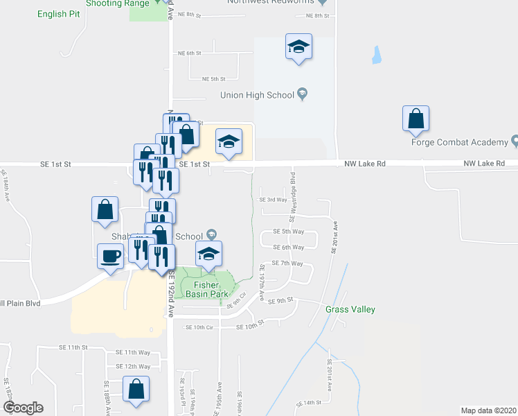 map of restaurants, bars, coffee shops, grocery stores, and more near 320 Southeast 197th Place in Camas