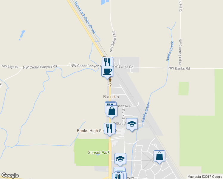 map of restaurants, bars, coffee shops, grocery stores, and more near 130 South Main Street in Banks