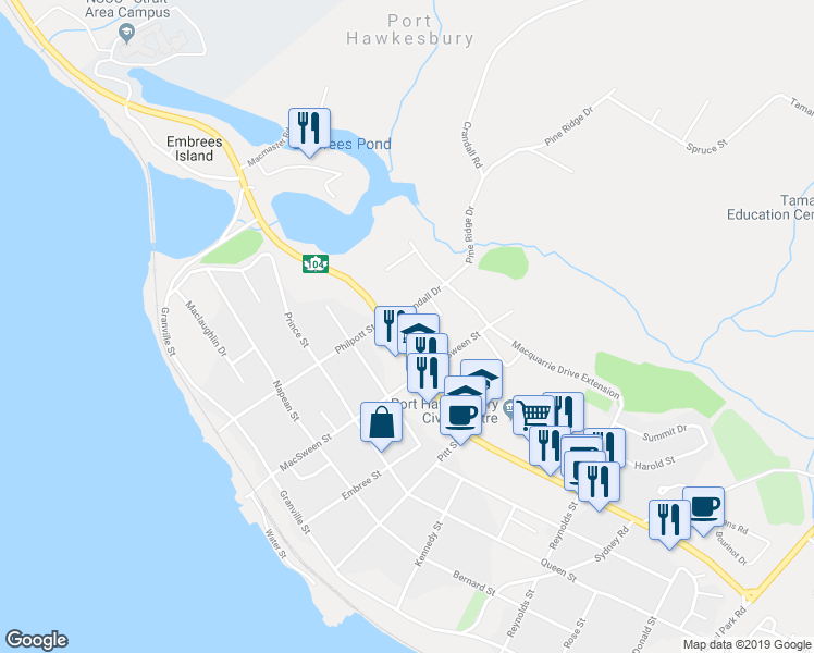 map of restaurants, bars, coffee shops, grocery stores, and more near 11 Crandall Drive in Port Hawkesbury