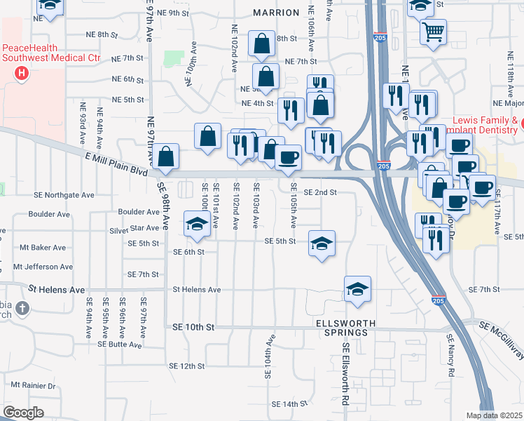 map of restaurants, bars, coffee shops, grocery stores, and more near 301 SE 103rd Ave in Vancouver