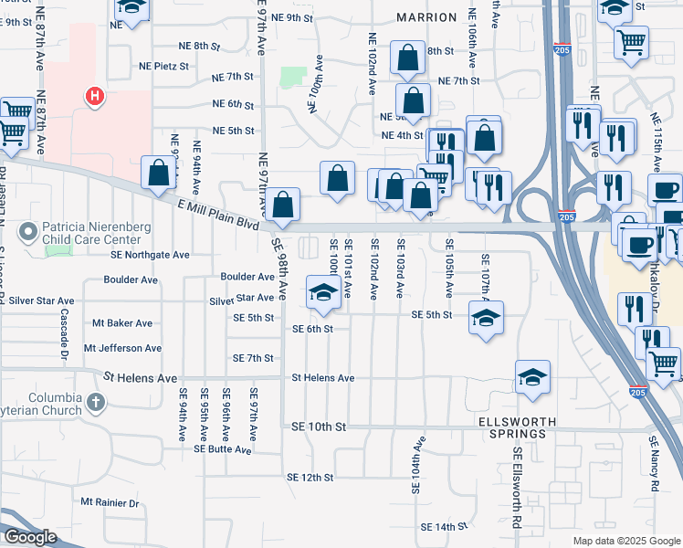 map of restaurants, bars, coffee shops, grocery stores, and more near 300 Southeast 101st Avenue in Vancouver