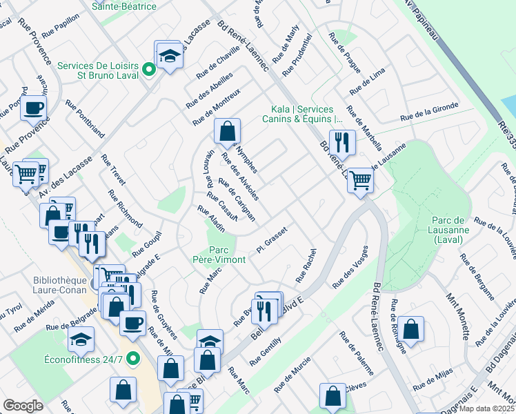 map of restaurants, bars, coffee shops, grocery stores, and more near 2258 Rue des Alvéoles in Laval