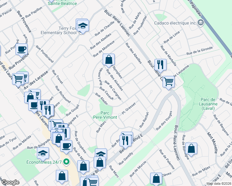 map of restaurants, bars, coffee shops, grocery stores, and more near Rue de Carignan in Laval