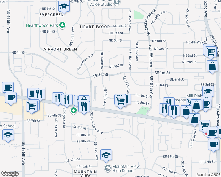 map of restaurants, bars, coffee shops, grocery stores, and more near 304 Southeast 149th Court in Vancouver