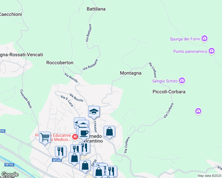 map of restaurants, bars, coffee shops, grocery stores, and more near 27 Via Tovi in Cornedo Vicentino