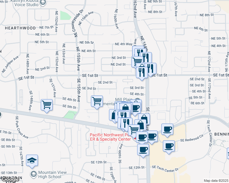map of restaurants, bars, coffee shops, grocery stores, and more near 312a Southeast 158th Court in Vancouver