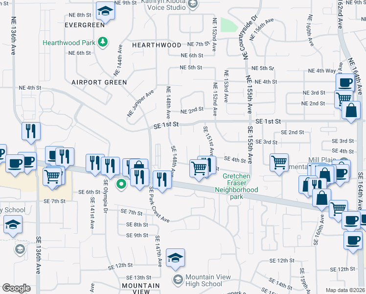 map of restaurants, bars, coffee shops, grocery stores, and more near 304 Southeast 149th Court in Vancouver