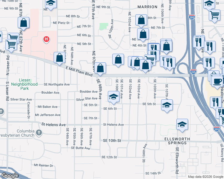 map of restaurants, bars, coffee shops, grocery stores, and more near 301 Southeast 99th Court in Vancouver