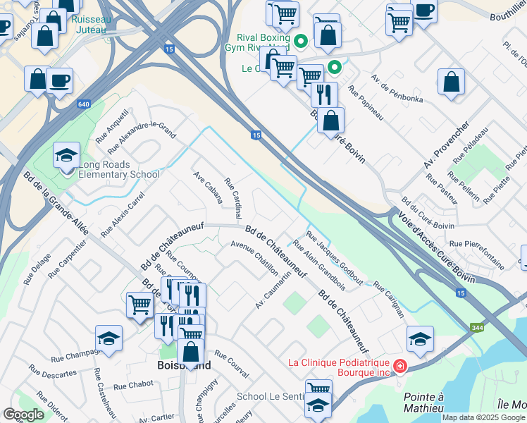 map of restaurants, bars, coffee shops, grocery stores, and more near 1099 Rue Gauguin in Boisbriand