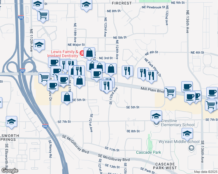 map of restaurants, bars, coffee shops, grocery stores, and more near 316 Southeast 123rd Avenue in Vancouver