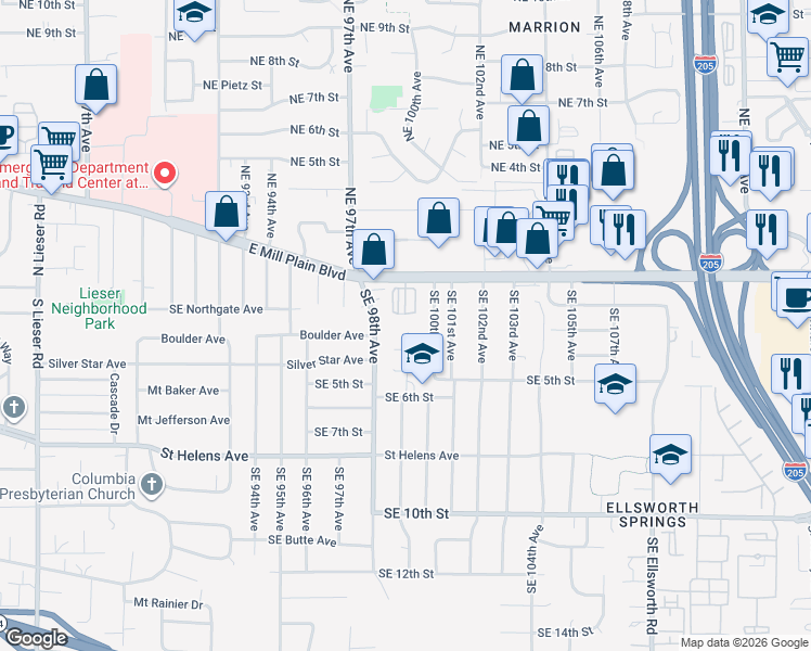 map of restaurants, bars, coffee shops, grocery stores, and more near 301 Southeast 99th Court in Vancouver