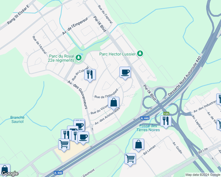 map of restaurants, bars, coffee shops, grocery stores, and more near 3936 Rue de la Duchesse in Laval