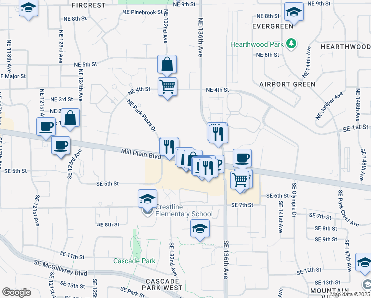 map of restaurants, bars, coffee shops, grocery stores, and more near 13074-13130 SE Mill Plain Blvd in Vancouver