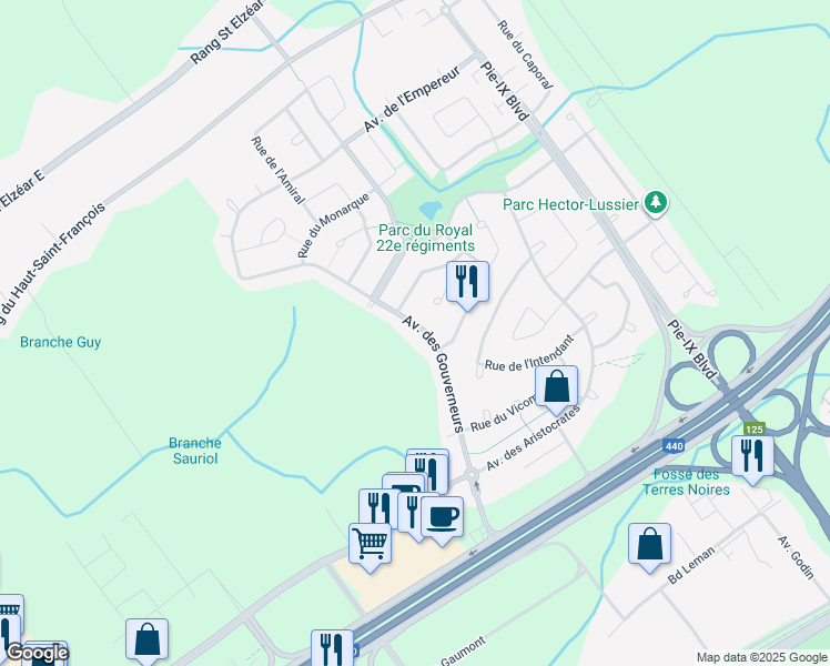 map of restaurants, bars, coffee shops, grocery stores, and more near 3176 Avenue des Gouverneurs in Laval