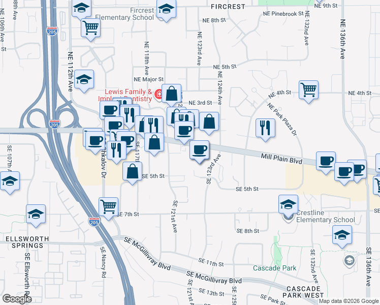 map of restaurants, bars, coffee shops, grocery stores, and more near 316 Southeast 123rd Avenue in Vancouver