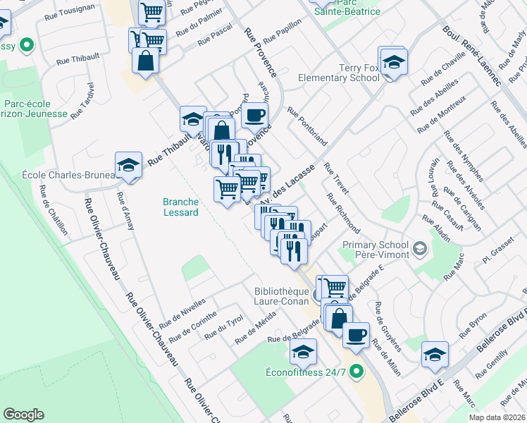 map of restaurants, bars, coffee shops, grocery stores, and more near 5023 Boulevard des Laurentides in Laval