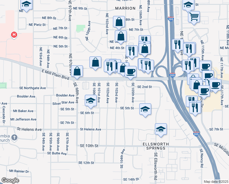 map of restaurants, bars, coffee shops, grocery stores, and more near 301 Southeast 103rd Avenue in Vancouver