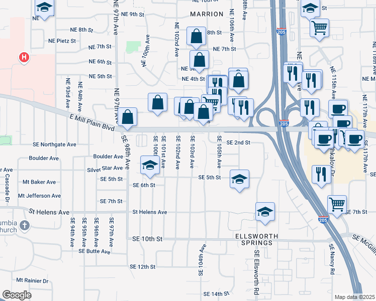 map of restaurants, bars, coffee shops, grocery stores, and more near 301 Southeast 103rd Avenue in Vancouver