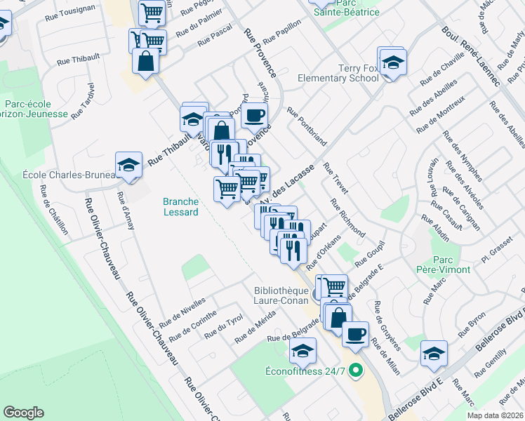 map of restaurants, bars, coffee shops, grocery stores, and more near 4975 Boulevard des Laurentides in Laval