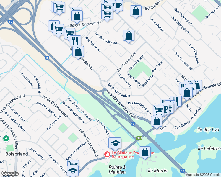 map of restaurants, bars, coffee shops, grocery stores, and more near 362 Boulevard du Curé Boivin in Boisbriand