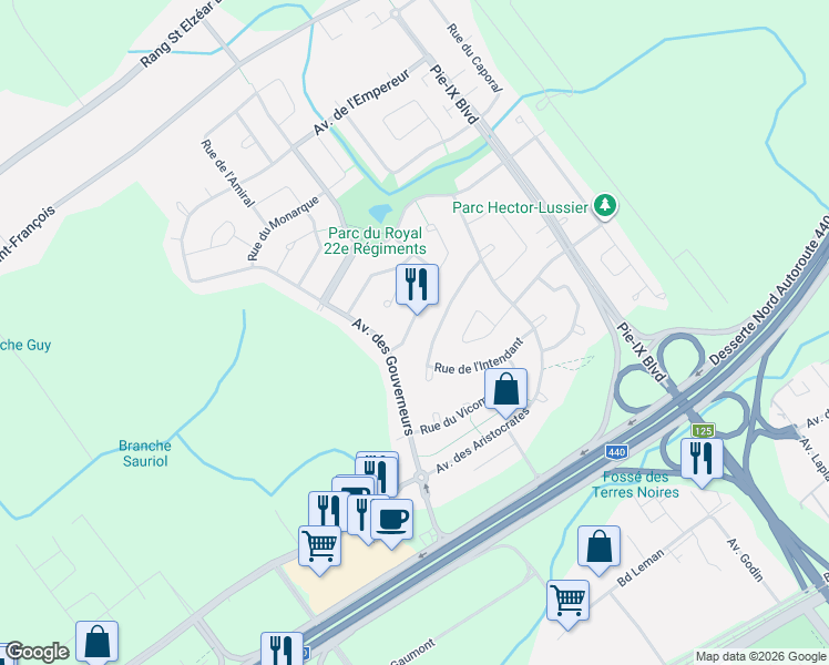 map of restaurants, bars, coffee shops, grocery stores, and more near 3870 Rue de l'Adjudant in Laval