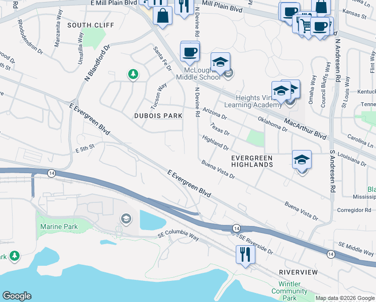map of restaurants, bars, coffee shops, grocery stores, and more near 121 South Santa Fe Court in Vancouver