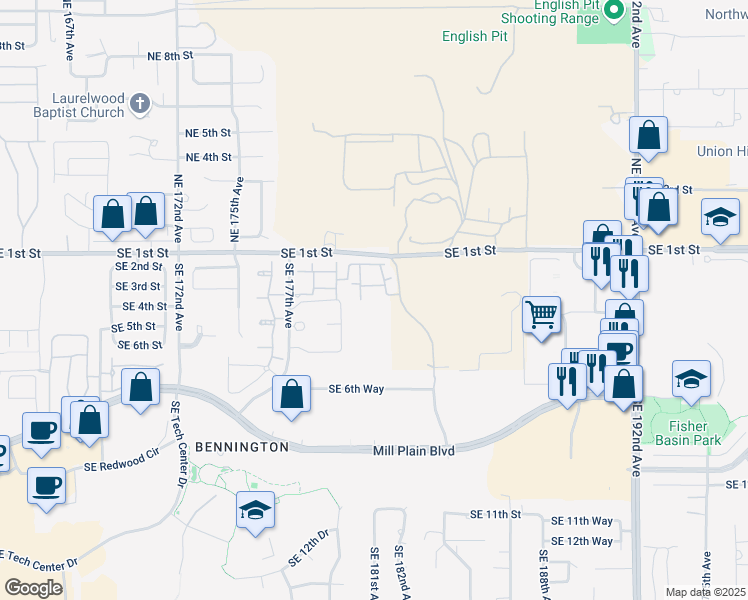 map of restaurants, bars, coffee shops, grocery stores, and more near 18001 Southeast 1st Street in Vancouver