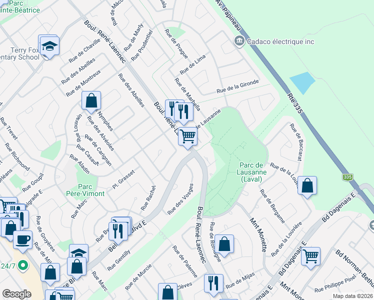 map of restaurants, bars, coffee shops, grocery stores, and more near 2738 Boulevard René-Laennec in Laval