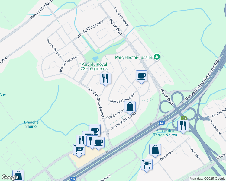 map of restaurants, bars, coffee shops, grocery stores, and more near 3831 Rue de l'Intendant in Laval