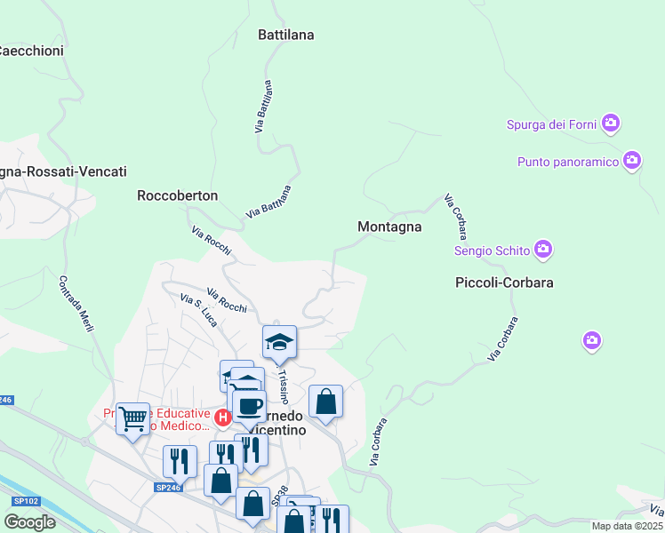 map of restaurants, bars, coffee shops, grocery stores, and more near 27 Via Tovi in Cornedo Vicentino