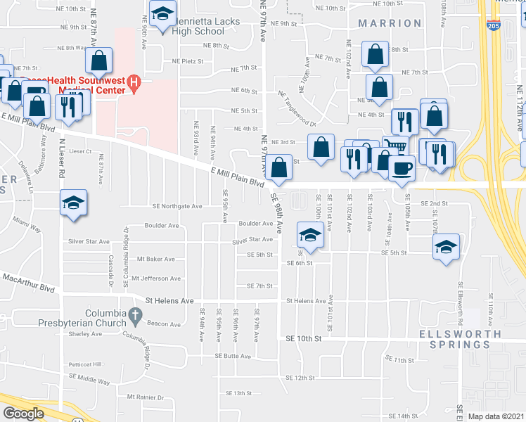 map of restaurants, bars, coffee shops, grocery stores, and more near 9619 East Mill Plain Boulevard in Vancouver