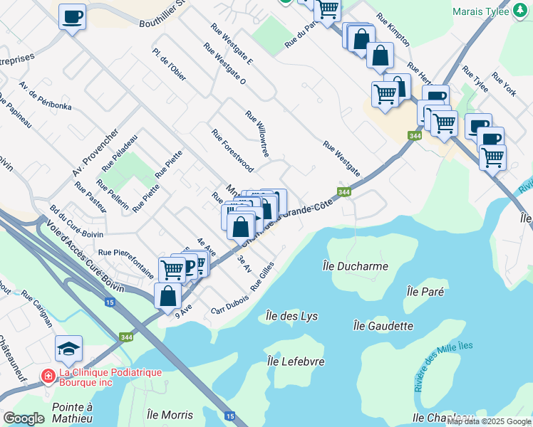 map of restaurants, bars, coffee shops, grocery stores, and more near in Rosemère