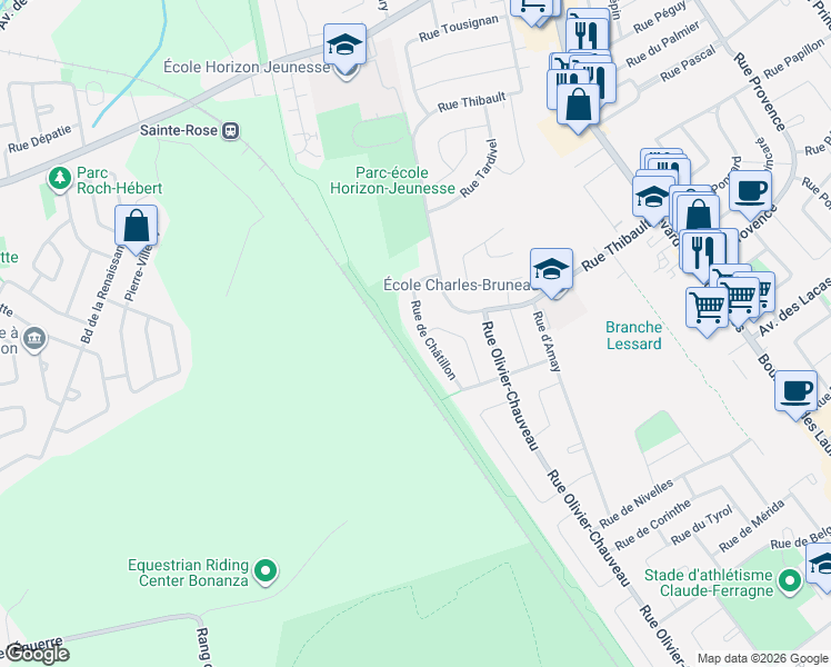 map of restaurants, bars, coffee shops, grocery stores, and more near 1256 Rue de Châtillon in Laval