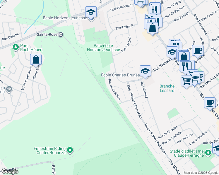 map of restaurants, bars, coffee shops, grocery stores, and more near 1256 Rue de Châtillon in Laval