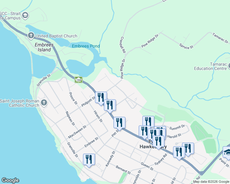 map of restaurants, bars, coffee shops, grocery stores, and more near 3 Grants Court in Port Hawkesbury