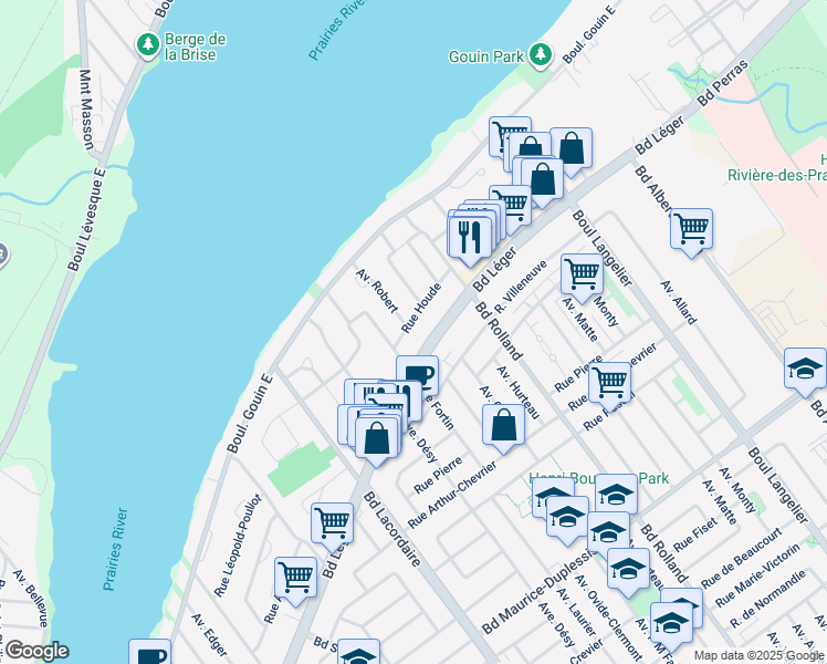 map of restaurants, bars, coffee shops, grocery stores, and more near 6044 Rue Houde in Montréal