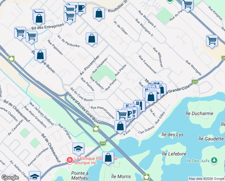 map of restaurants, bars, coffee shops, grocery stores, and more near 223 Boulevard du Curé-Boivin in Boisbriand