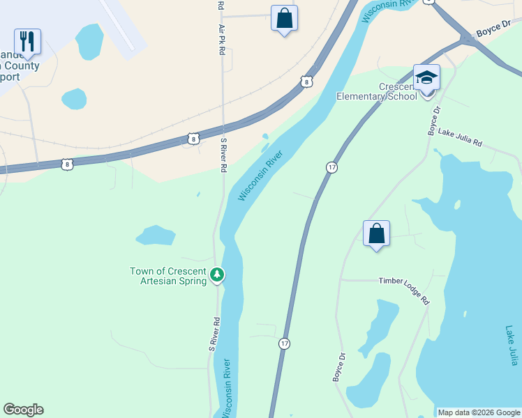 map of restaurants, bars, coffee shops, grocery stores, and more near 5707 Justin Lane in Rhinelander