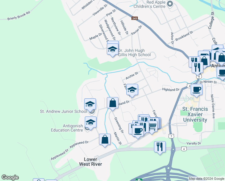 map of restaurants, bars, coffee shops, grocery stores, and more near 13 Nicholson Court in Antigonish
