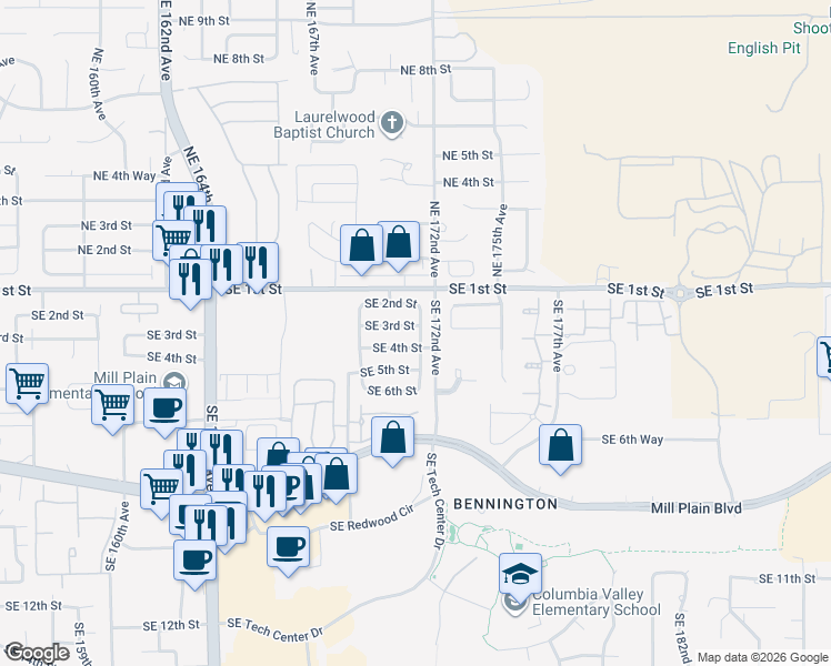 map of restaurants, bars, coffee shops, grocery stores, and more near 401 Southeast 171st Avenue in Vancouver