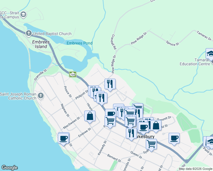 map of restaurants, bars, coffee shops, grocery stores, and more near 3 Grants Court in Port Hawkesbury