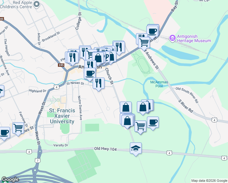 map of restaurants, bars, coffee shops, grocery stores, and more near 76 Church Street in Antigonish