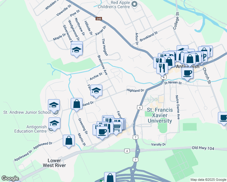 map of restaurants, bars, coffee shops, grocery stores, and more near 49 Braemore Avenue in Antigonish
