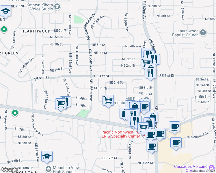 map of restaurants, bars, coffee shops, grocery stores, and more near 15708 Southeast 3rd Street in Vancouver