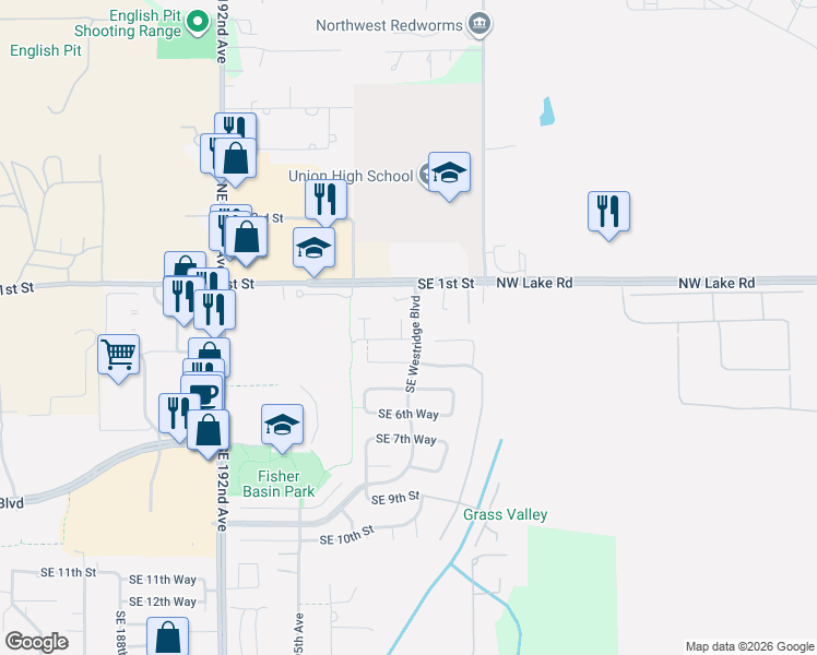map of restaurants, bars, coffee shops, grocery stores, and more near 19719 Southeast 3rd Way in Camas