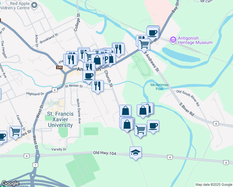 map of restaurants, bars, coffee shops, grocery stores, and more near 75 Church Street in Antigonish
